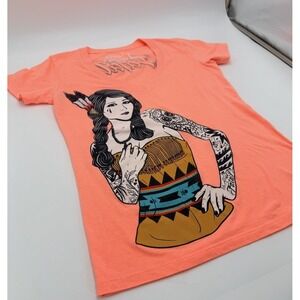 Fatal Clothing Womens Junior L V Neck Graphic Tee Peach Y2K Tattoo Girl